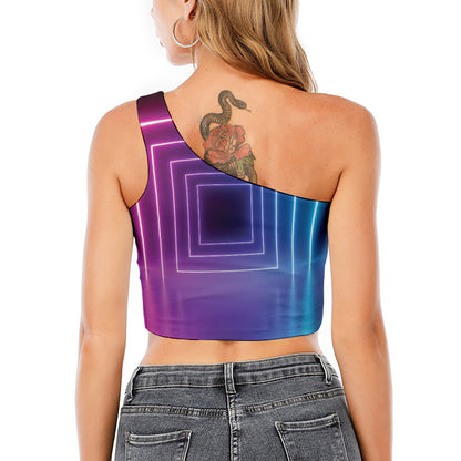 Pink And Teal Tunnel Lights Print One Shoulder Crop Top