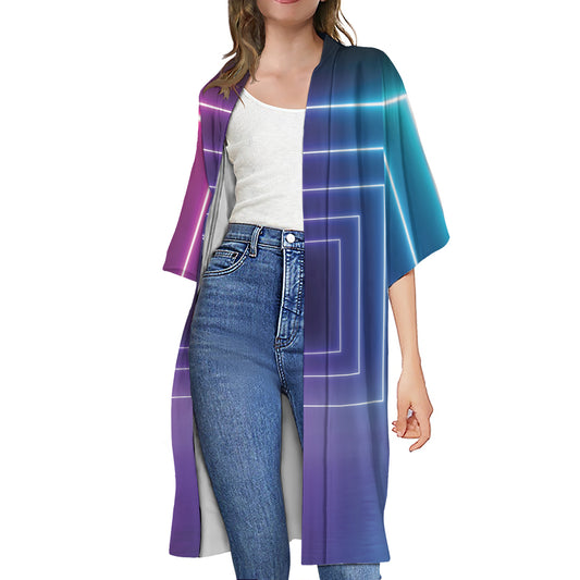 Pink And Teal Tunnel Lights Print Open Front Beach Cover Up