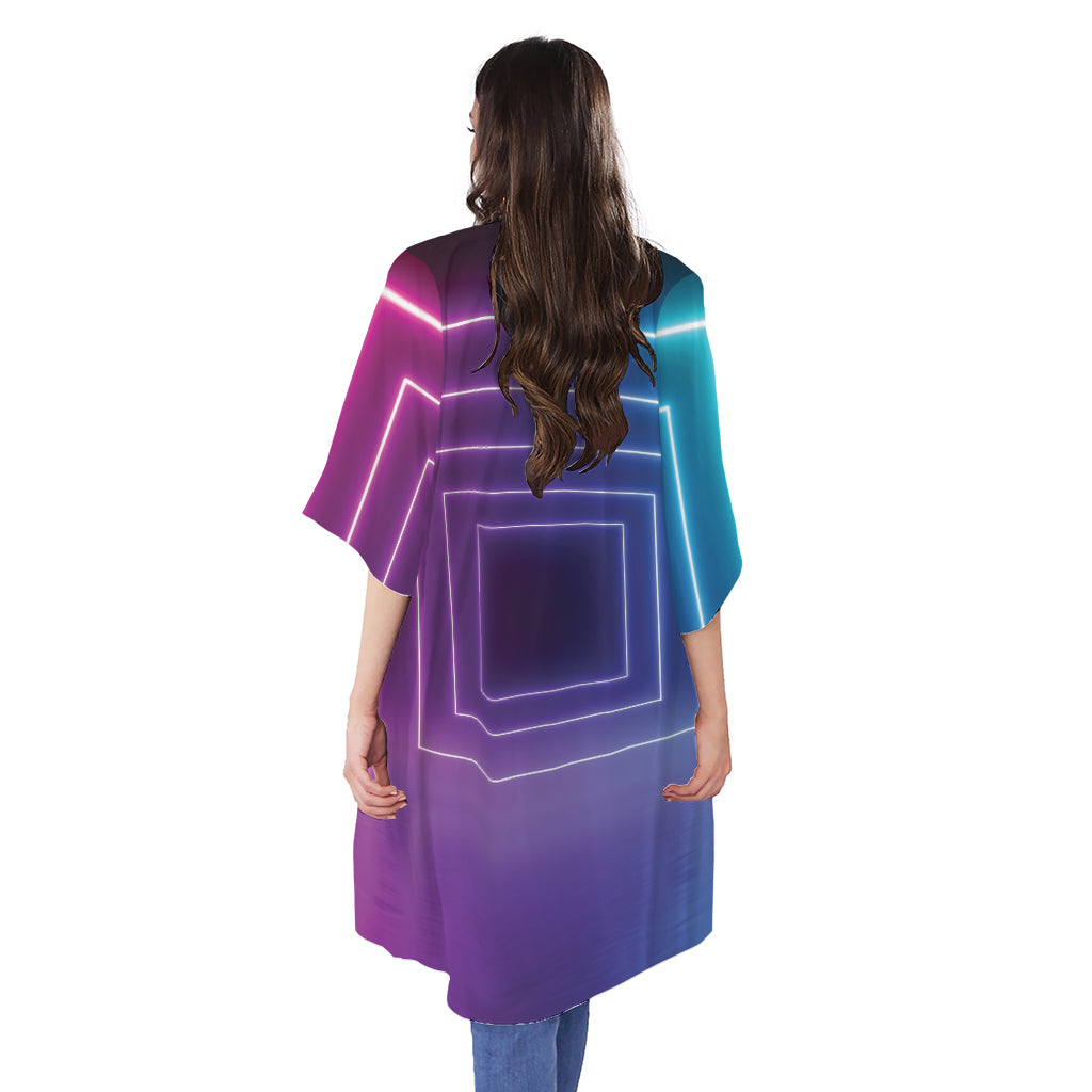 Pink And Teal Tunnel Lights Print Open Front Beach Cover Up