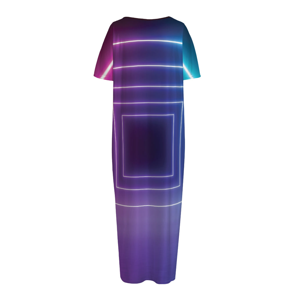 Pink And Teal Tunnel Lights Print Short Sleeve Long Nightdress