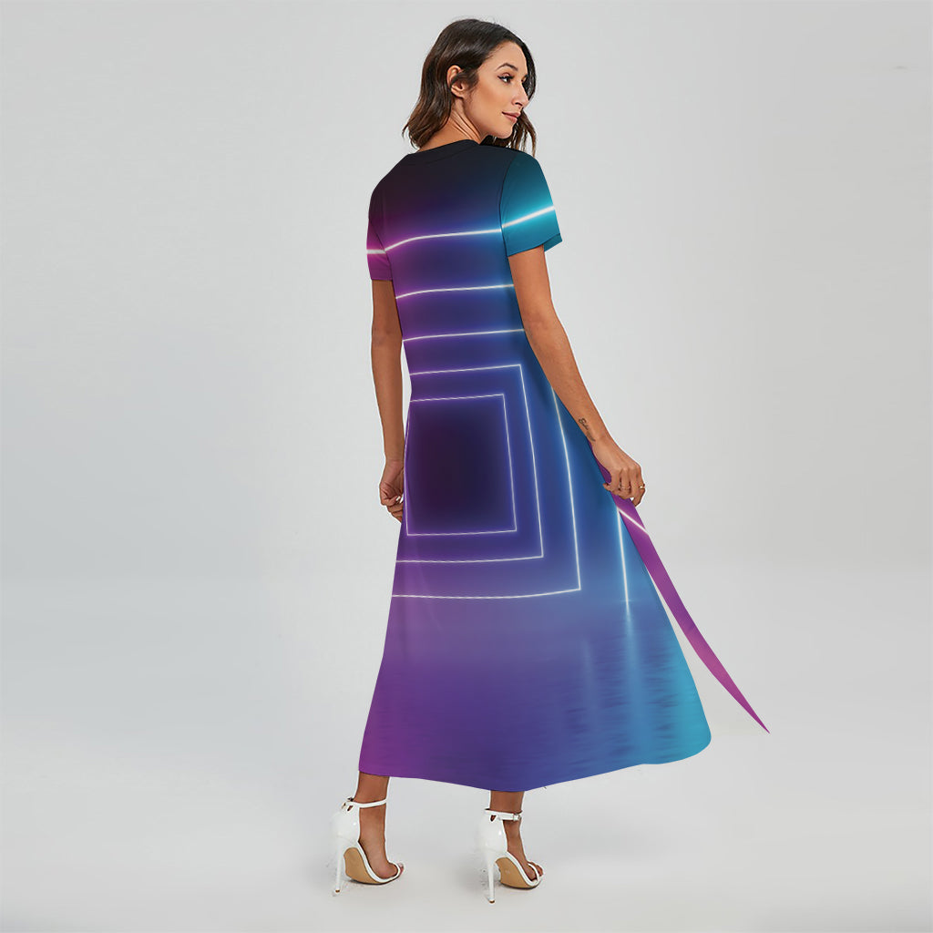 Pink And Teal Tunnel Lights Print Short Sleeve Maxi Dress
