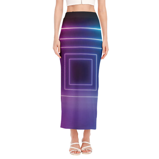 Pink And Teal Tunnel Lights Print Side Slit Maxi Skirt