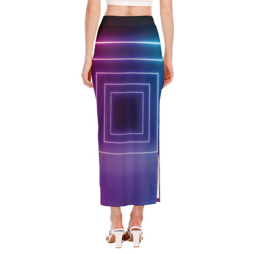 Pink And Teal Tunnel Lights Print Side Slit Maxi Skirt