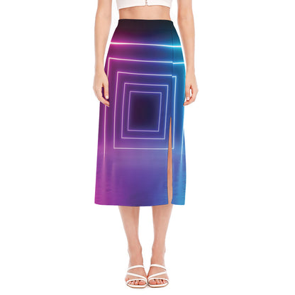 Pink And Teal Tunnel Lights Print Side Slit Midi Skirt