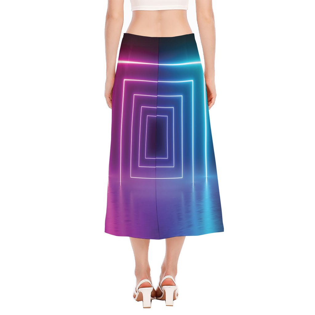 Pink And Teal Tunnel Lights Print Side Slit Midi Skirt