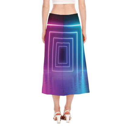 Pink And Teal Tunnel Lights Print Side Slit Midi Skirt