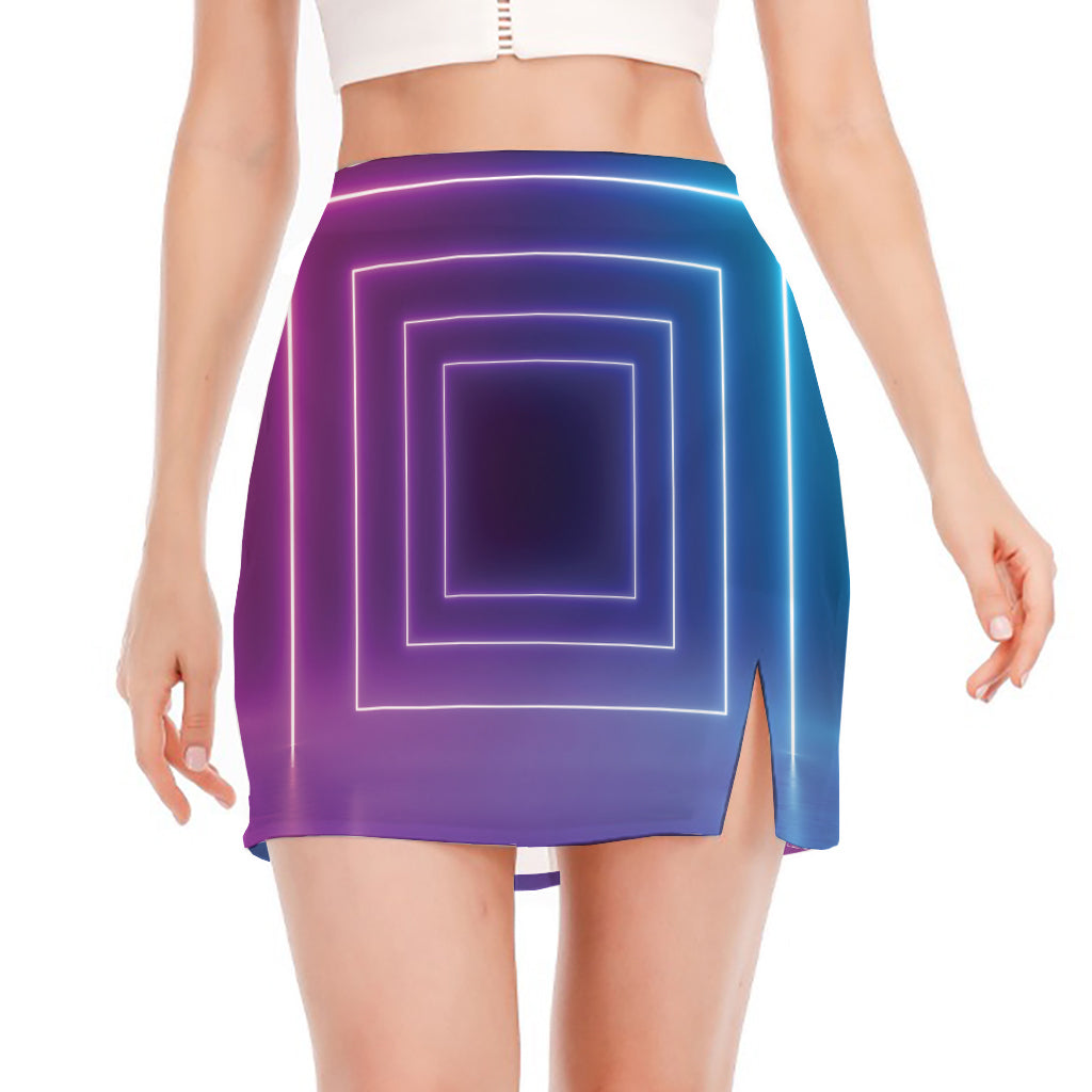 Pink And Teal Tunnel Lights Print Side Slit Mini Skirt