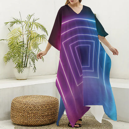Pink And Teal Tunnel Lights Print Silk V-Neck Kaftan Dress
