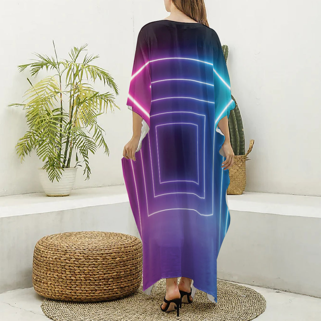 Pink And Teal Tunnel Lights Print Silk V-Neck Kaftan Dress