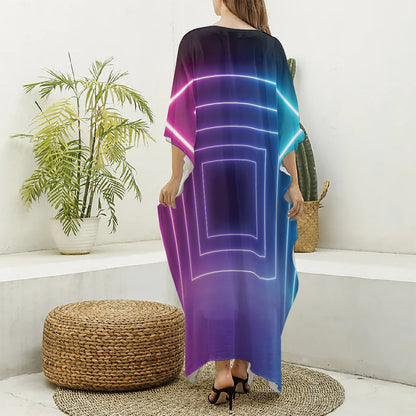 Pink And Teal Tunnel Lights Print Silk V-Neck Kaftan Dress