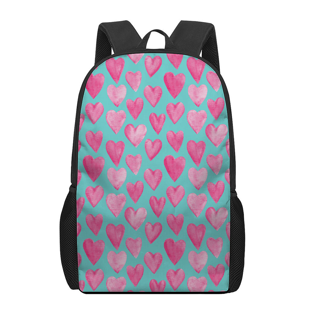 Pink And Teal Watercolor Heart Print 17 Inch Backpack