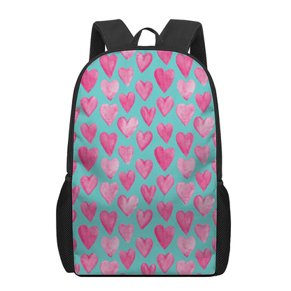 Pink And Teal Watercolor Heart Print 17 Inch Backpack