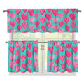 Pink And Teal Watercolor Heart Print 3 Piece Kitchen Curtains