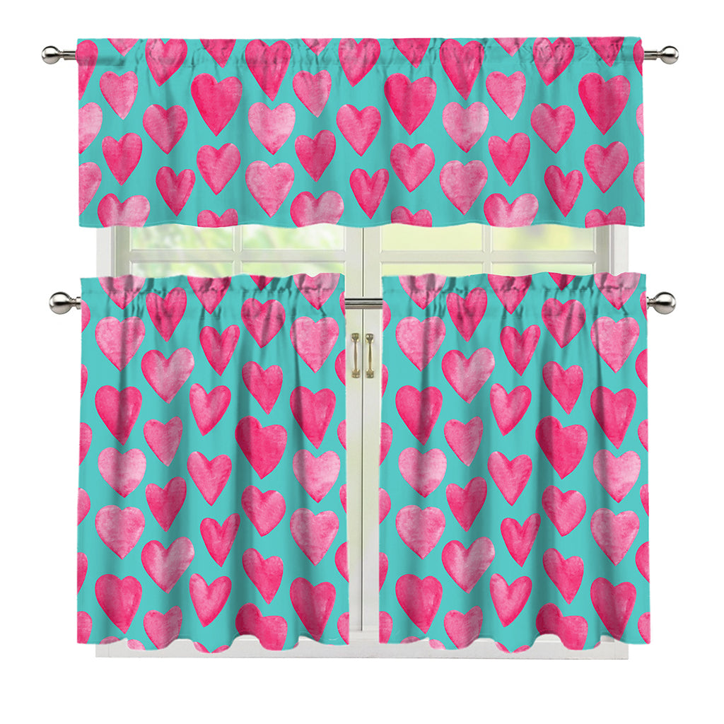 Pink And Teal Watercolor Heart Print 3 Piece Kitchen Curtains