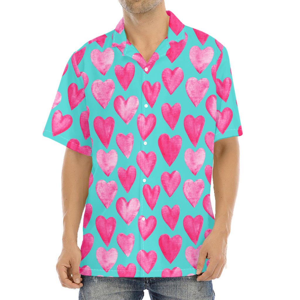 Pink And Teal Watercolor Heart Print Aloha Shirt