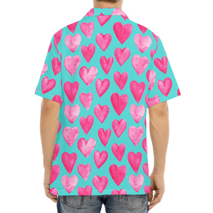 Pink And Teal Watercolor Heart Print Aloha Shirt