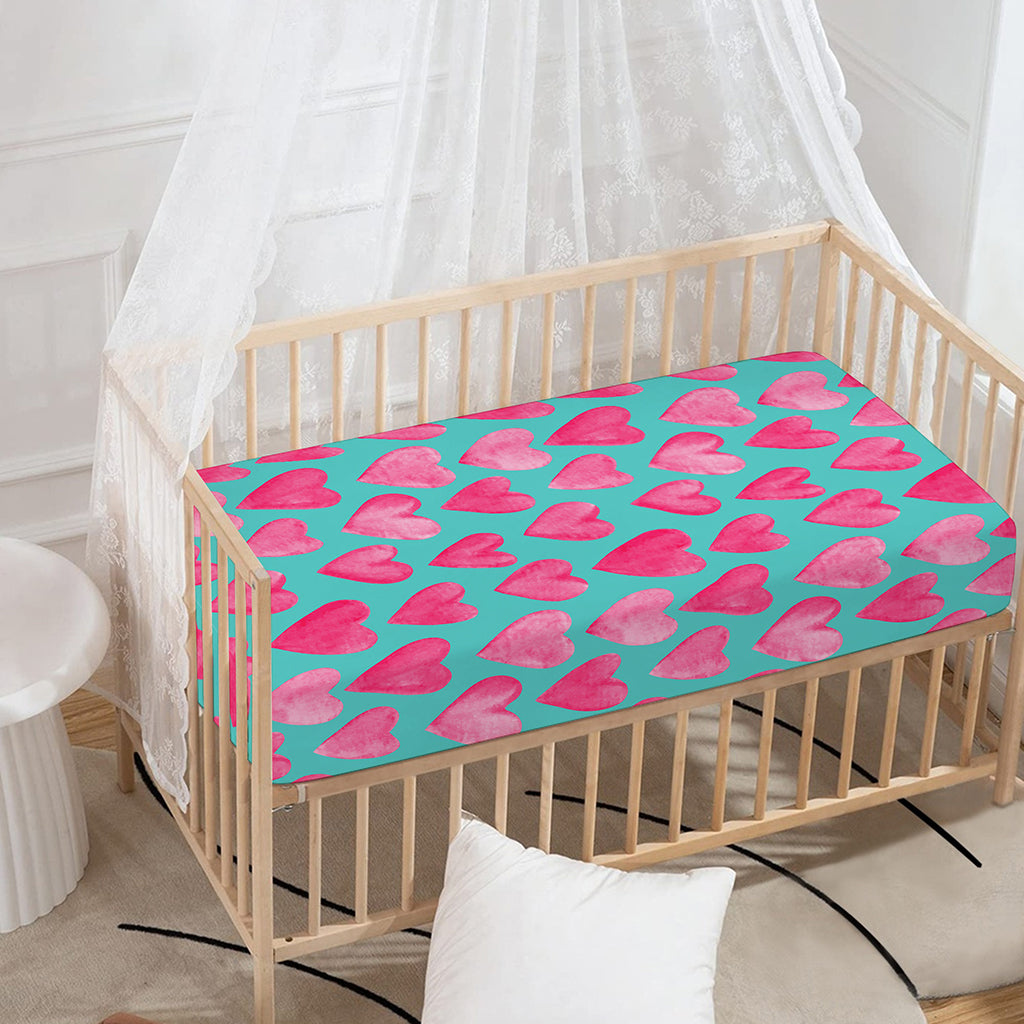 Pink And Teal Watercolor Heart Print Baby Crib Sheet