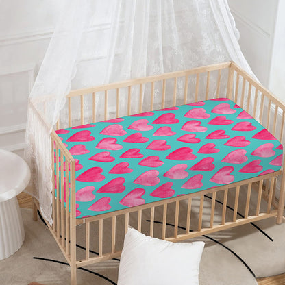 Pink And Teal Watercolor Heart Print Baby Crib Sheet