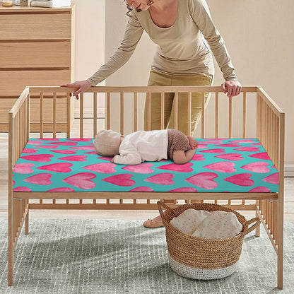 Pink And Teal Watercolor Heart Print Baby Crib Sheet