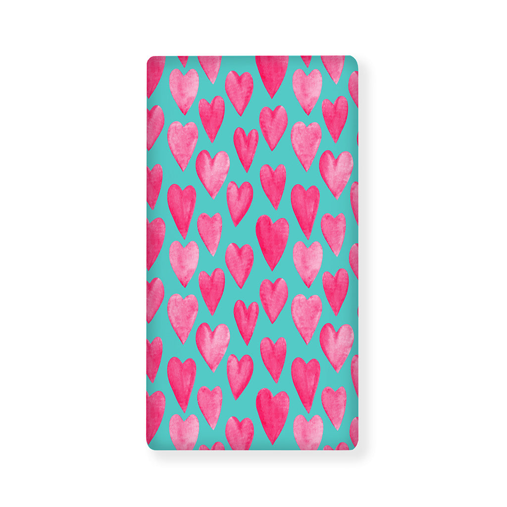 Pink And Teal Watercolor Heart Print Baby Crib Sheet