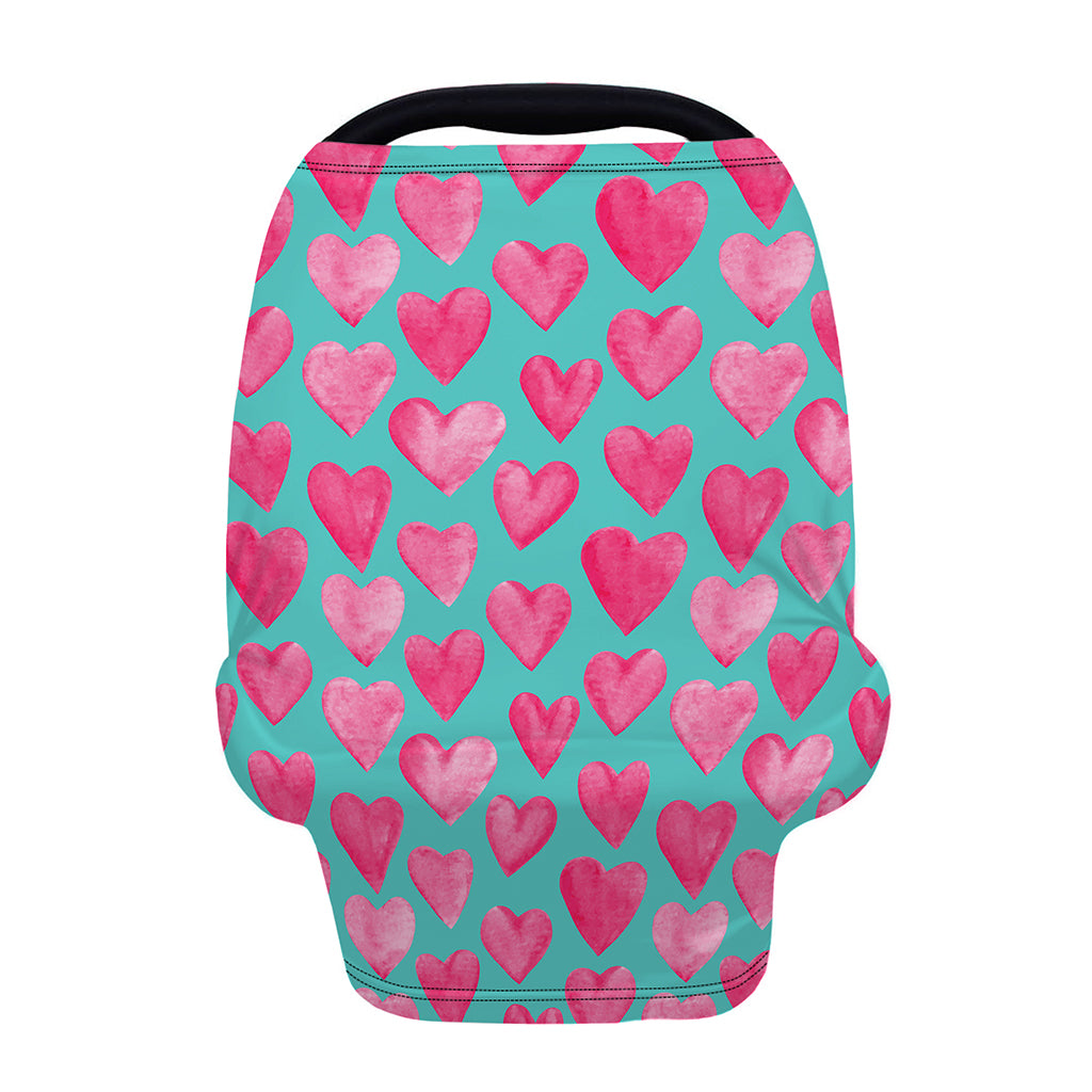 Pink And Teal Watercolor Heart Print Baby Seat Cover