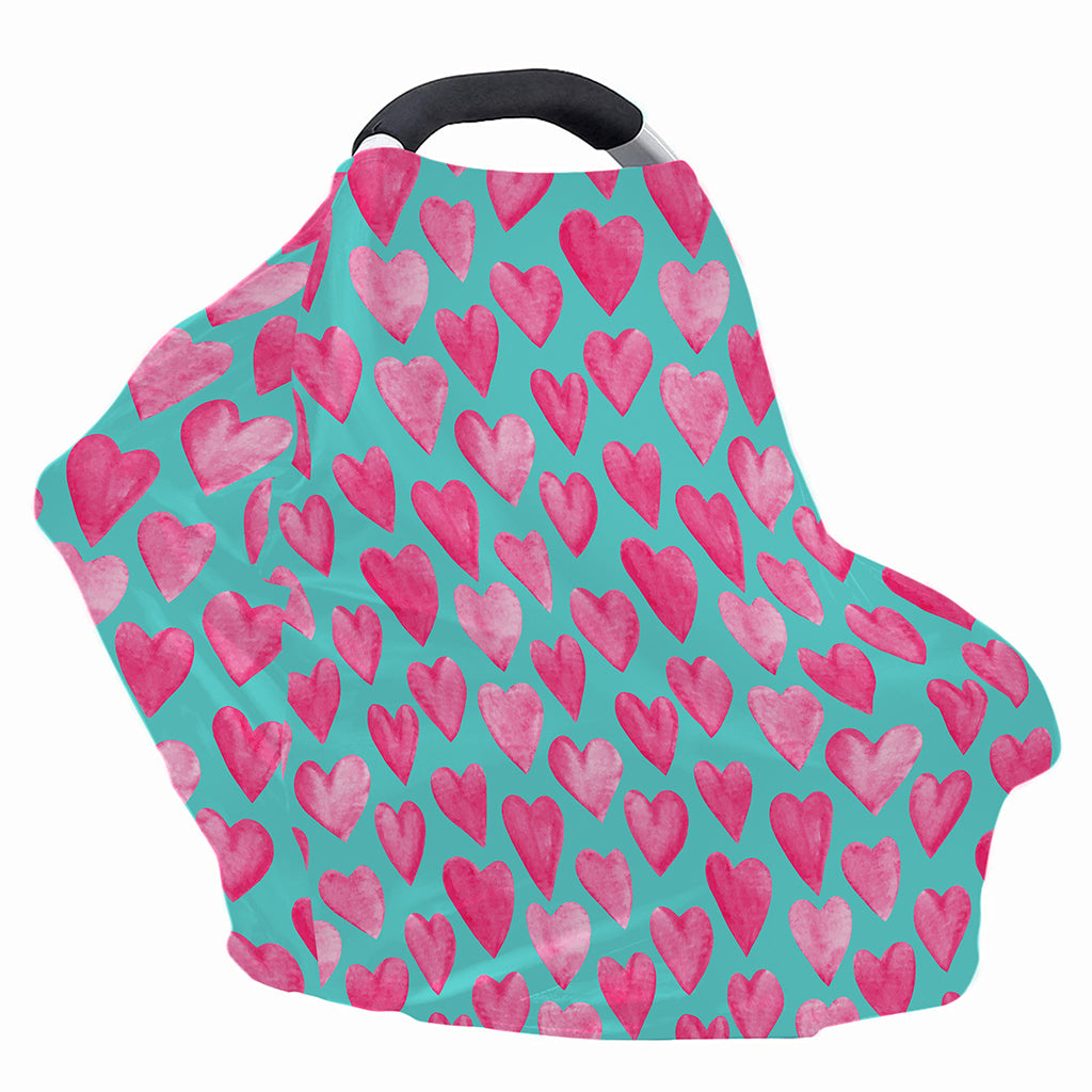Pink And Teal Watercolor Heart Print Baby Seat Cover