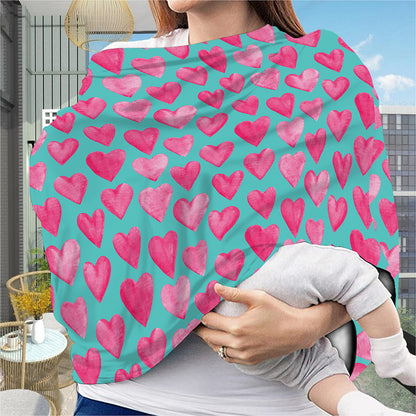 Pink And Teal Watercolor Heart Print Baby Seat Cover