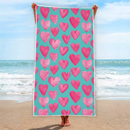 Pink And Teal Watercolor Heart Print Beach Towel