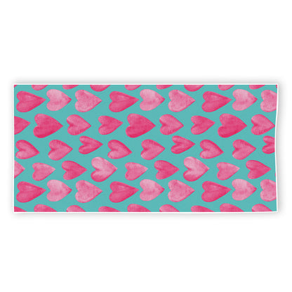 Pink And Teal Watercolor Heart Print Beach Towel