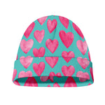 Pink And Teal Watercolor Heart Print Beanie
