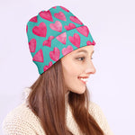 Pink And Teal Watercolor Heart Print Beanie