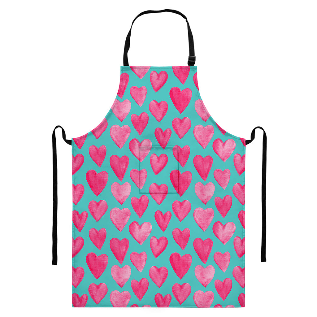 Pink And Teal Watercolor Heart Print Bib Apron With Pocket