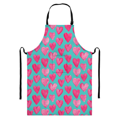Pink And Teal Watercolor Heart Print Bib Apron With Pocket