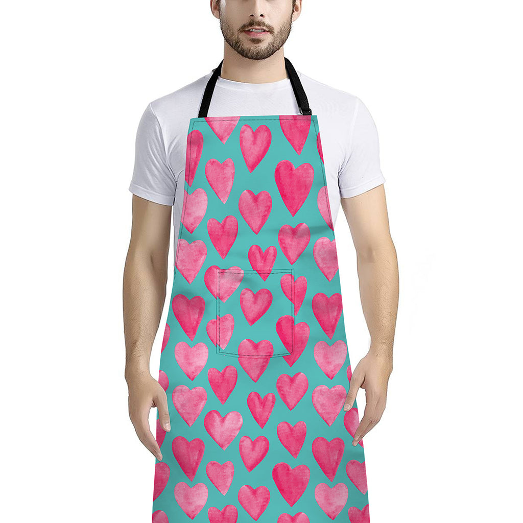 Pink And Teal Watercolor Heart Print Bib Apron With Pocket