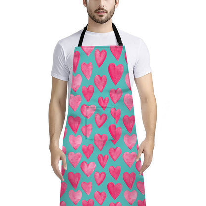 Pink And Teal Watercolor Heart Print Bib Apron With Pocket