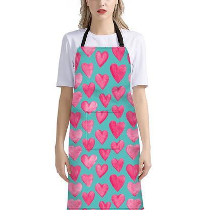 Pink And Teal Watercolor Heart Print Bib Apron With Pocket