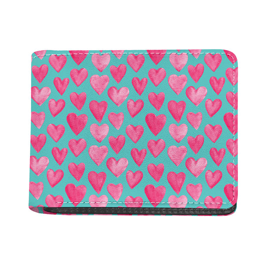 Pink And Teal Watercolor Heart Print Bifold Wallet