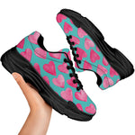 Pink And Teal Watercolor Heart Print Black Chunky Shoes