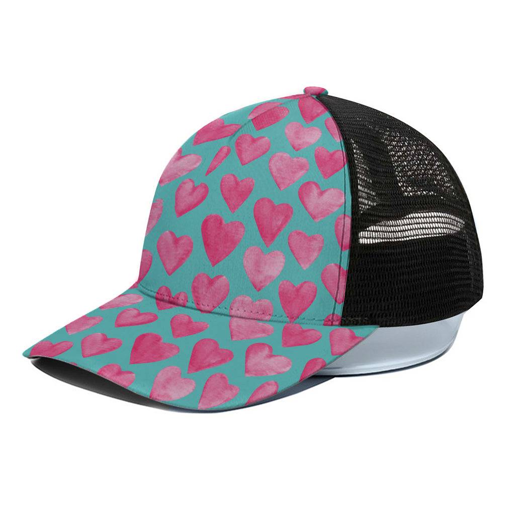 Pink And Teal Watercolor Heart Print Black Mesh Trucker Cap