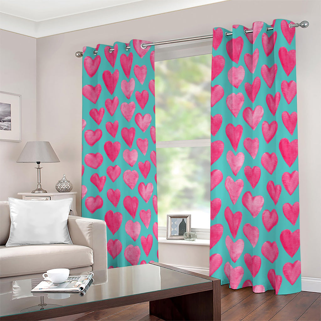 Pink And Teal Watercolor Heart Print Blackout Grommet Curtains