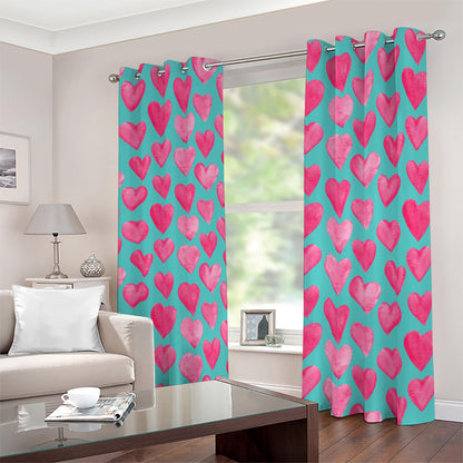 Pink And Teal Watercolor Heart Print Blackout Grommet Curtains