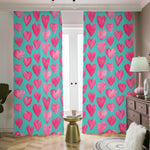 Pink And Teal Watercolor Heart Print Blackout Pencil Pleat Curtains