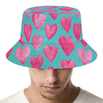 Pink And Teal Watercolor Heart Print Bucket Hat