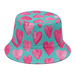 Pink And Teal Watercolor Heart Print Bucket Hat