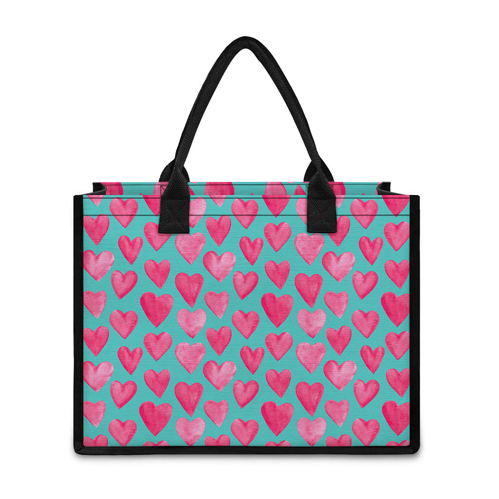 Pink And Teal Watercolor Heart Print Canvas Tote Bag