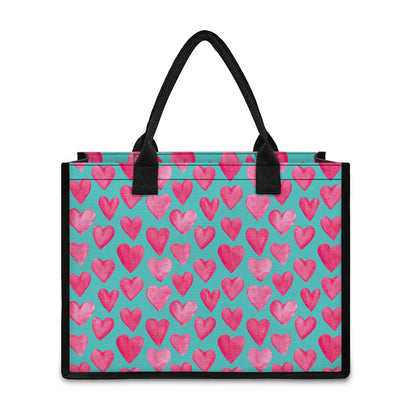 Pink And Teal Watercolor Heart Print Canvas Tote Bag