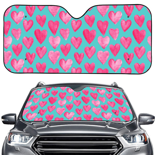 Pink And Teal Watercolor Heart Print Car Windshield Sun Shade