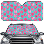 Pink And Teal Watercolor Heart Print Car Windshield Sun Shade