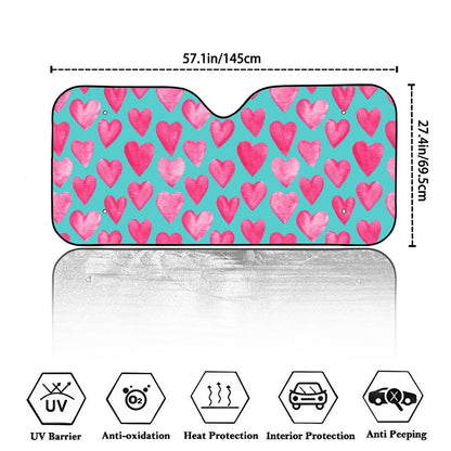 Pink And Teal Watercolor Heart Print Car Windshield Sun Shade