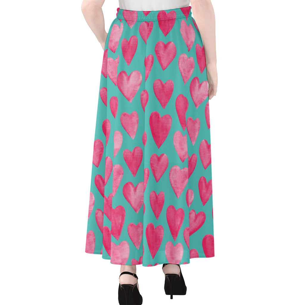 Pink And Teal Watercolor Heart Print Chiffon Maxi Skirt